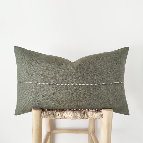 Dark sage green lumbar pillow cover with hand-stitched detail - heavyweight linen cushion cover