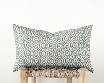 Blue green lumbar pillow cover with geometric print - organic cotton patterned cushion cover - 12x20", 14x24"