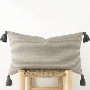 Tasseled grey and ivory decorative pillow cover - neutral textured cushion cover