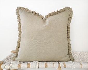 Beige linen decorative pillow cover with raffles - neutral frilled cushion cover - 18", 20"