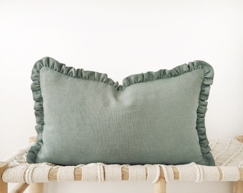 Dusty blue green linen lumbar pillow cover with raffles - soft aqua frilled cushion cover in 12x20inches / 30x50cm