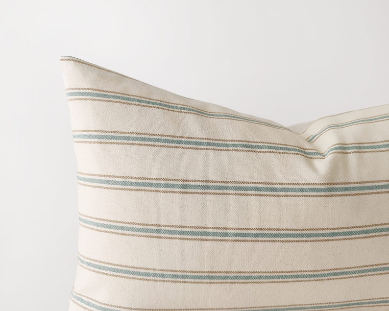 Striped lumbar pillow cover in ivory, camel and teal light beige modern cushion cover 12x20, 14x20, 14x24 image 2