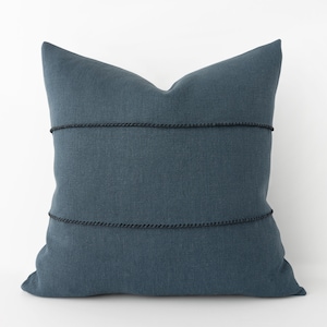 Smoky blue decorative pillow cover with hand stitched details  - slate blue heavyweight linen cushion cover