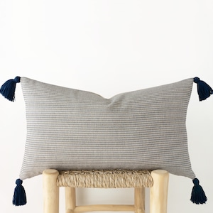 Blue and ivory lumbar pillow cover with tassels - textured throw pillow cover - 12x20&quot;, 12x24&quot;, 14x20&quot;, 14x24&quot;
