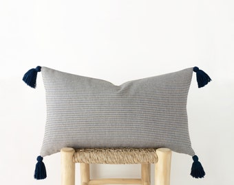 Tasseled blue decorative pillow cover - textured lumbar throw pillow cover - 14x24inches / 35x60cm