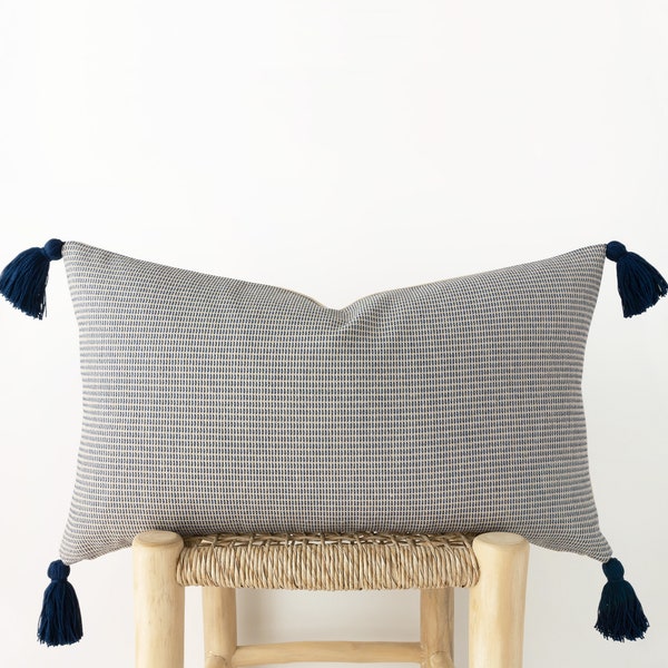 Tasseled blue decorative pillow cover - textured lumbar throw pillow cover - 14x24inches / 35x60cm