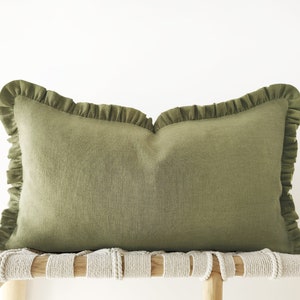 Olive green linen decorative pillow cover with raffles earth tone frilled cushion cover in 12x20inches / 30x50cm image 1