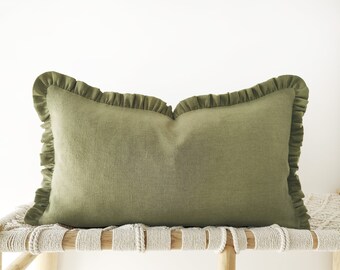 Housse de coussin décorative en lin vert olive avec tombolas - Housse de coussin à volants ton ocre en 12 x 20 pouces / 30 x 50 cm