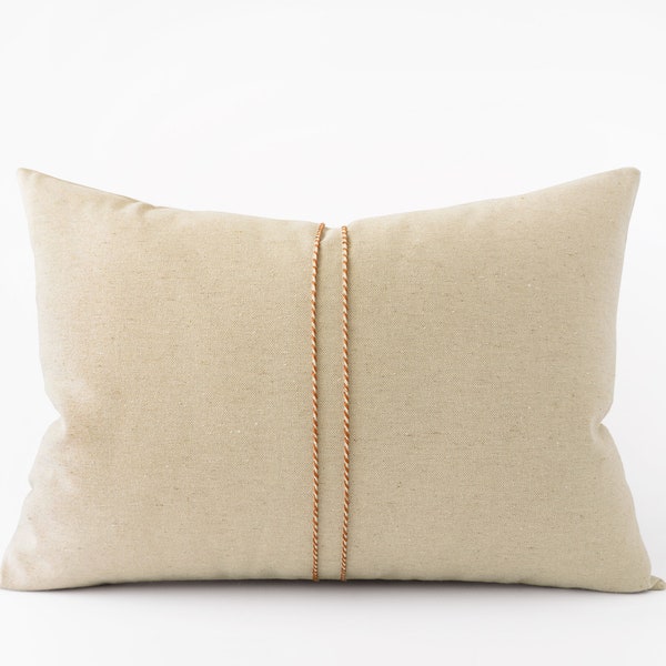 Beige sand pillow cover with rust hand stitched details - neutral cotton canvas cushion cover