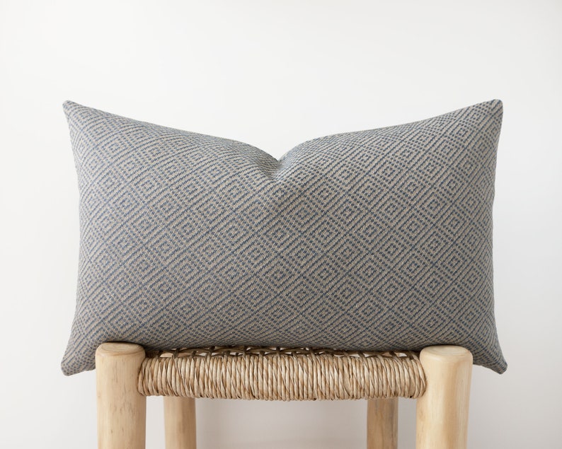 Blue textured decorative pillow cover with geometric pattern neutral cotton linen cushion cover 12x20 / 30x50cm last item 12x20" (30x50cm)