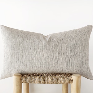 Neutral lumbar pillow cover with herrigbone pattern greige oblong cushion cover image 1