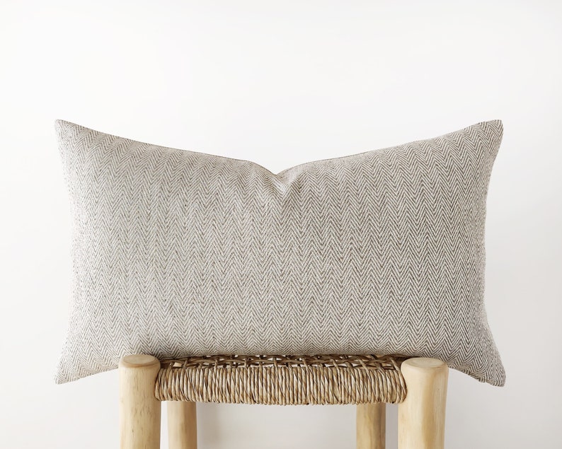 Neutral lumbar pillow cover with herrigbone pattern greige oblong cushion cover image 1