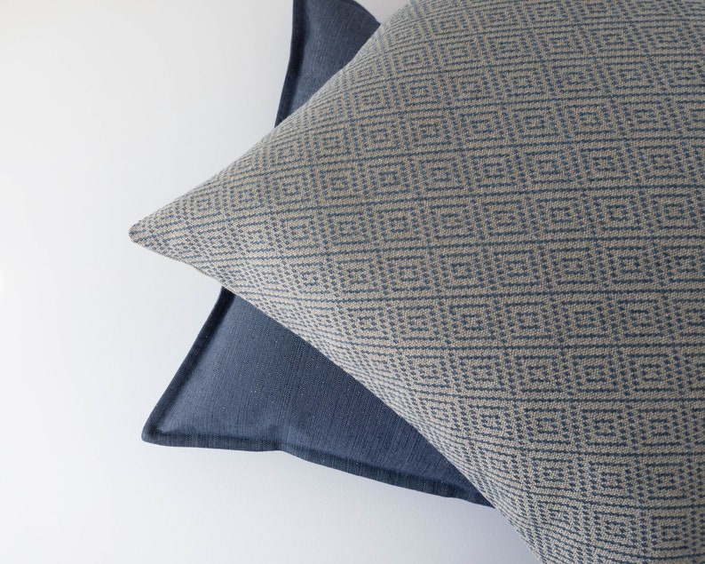 Blue textured decorative pillow cover with geometric pattern neutral cotton linen cushion cover 12x20 / 30x50cm last item image 6