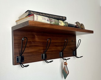 Walnut Wall Mounted Coat Rack with Shelf | Solid Wood | Key Rack with Hooks | Floating Entryway Organizer | Bathroom Towel Holder | Handmade