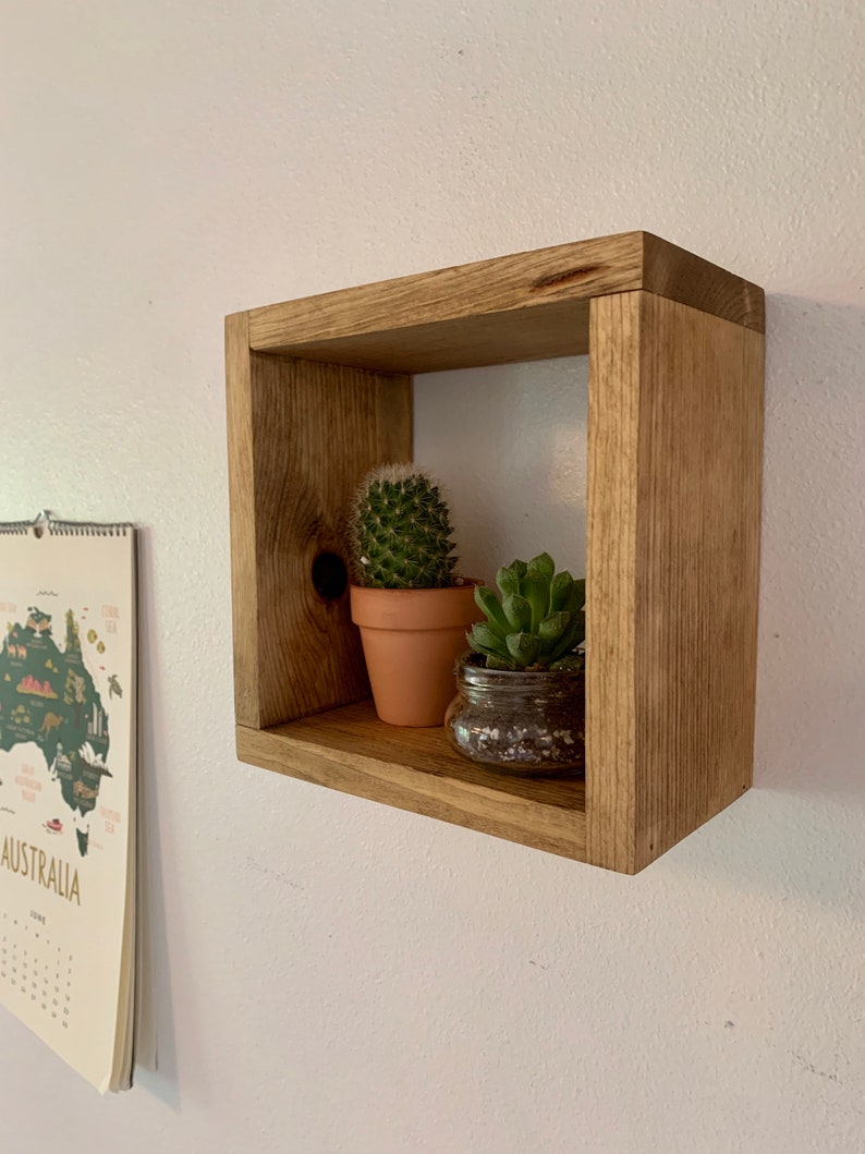 Medium Wooden Floating Cube Shelf Box Walnut Stain Etsy