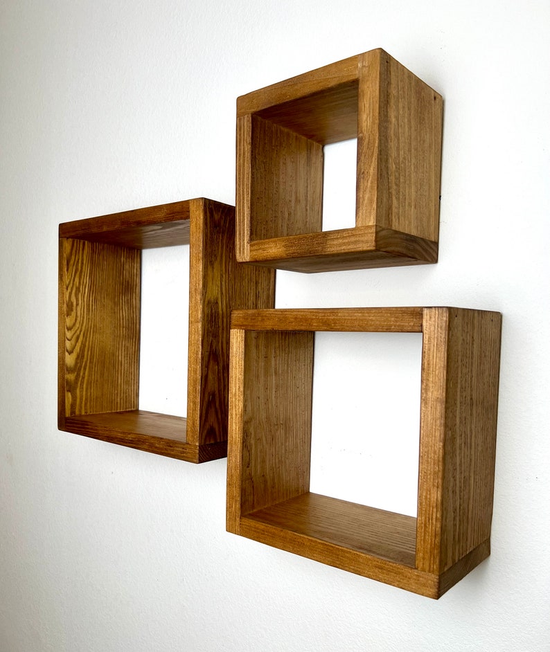 Set of 3 Floating Cube Shelves Quality Wood Shelving Hanging Plant Display Gallery Wall Bathroom Storage Minimalist image 5