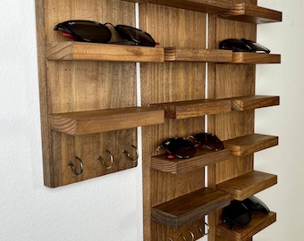Floating Sunglasses Shelf with Key Hooks | Entryway Organization | Key Holder | Eyeglass Rack | Quality Wooden Hanging Shelf | Minimalist