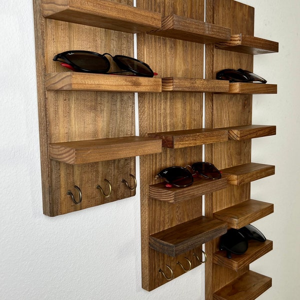 Floating Sunglasses Shelf with Key Hooks | Entryway Organization | Key Holder | Eyeglass Rack | Quality Wooden Hanging Shelf | Minimalist