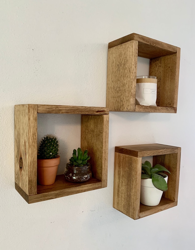 Medium Wooden Floating Cube Shelf Box Walnut Stain Etsy