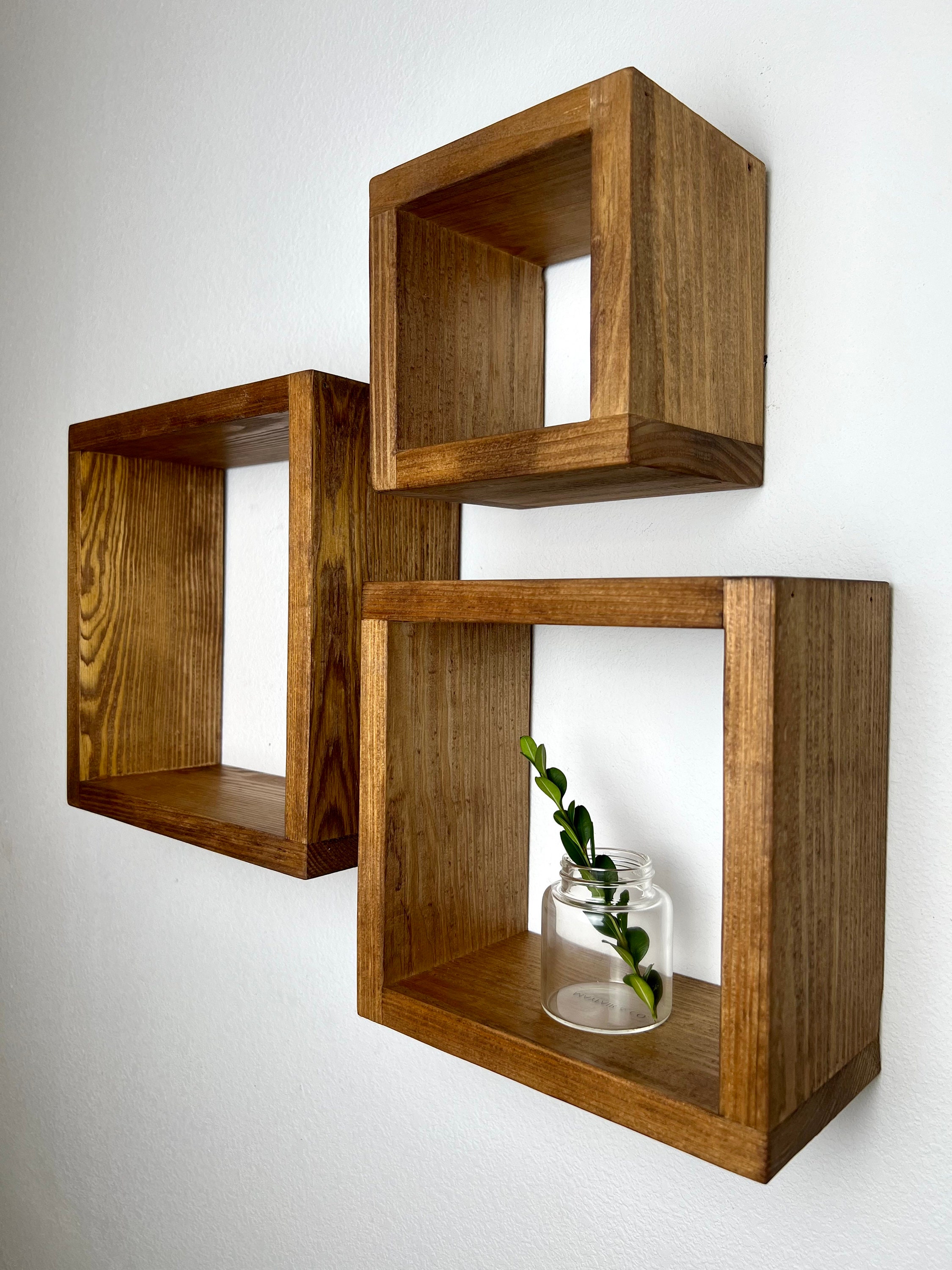 Set of 3 Floating Cube Shelves Quality Wood Shelving Hanging Plant Display  Gallery Wall Bathroom Storage Minimalist 