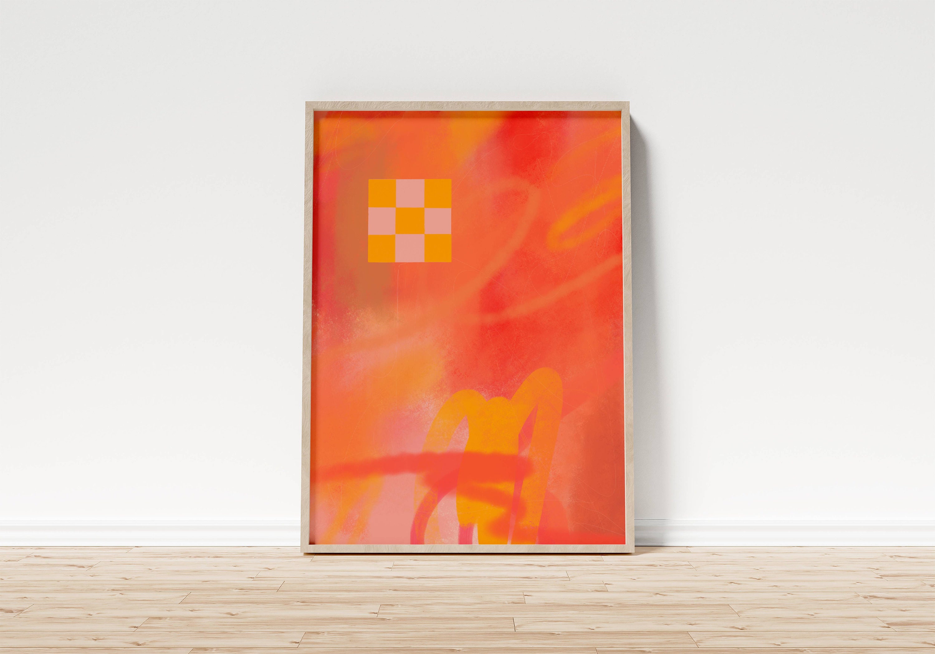 1969 Abstract Art, Neon Digital Print, Contemporary Printable Art, Funky Checkered, Bright Pink