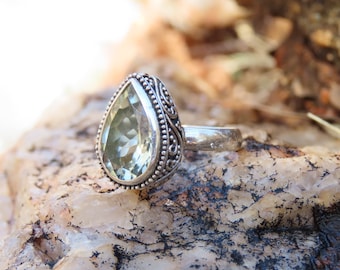 Sterling Silver Ring, Prasiolite Healing Stone, Green Amethyst