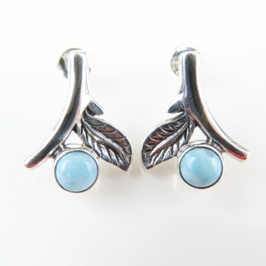 Sterling silver, Larimar gemstone, Leaf design, Push back earrings