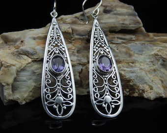 Sterling Silver, Amethyst Earrings, Bali Dangle Earrings, Birthstone Earrings, Healing Stone