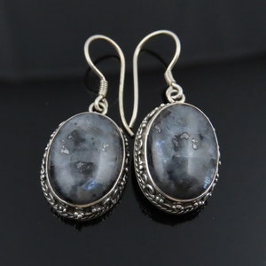 Sterling silver, Larvakite gemstone, Women's dangle earrings