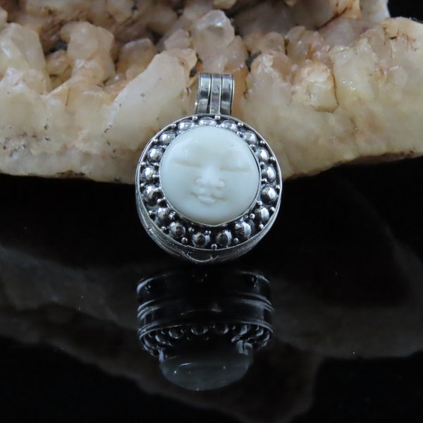 Sterling silver, Carved face, Moon face,Round,  Locket pendant