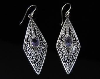 Sterling Silver, Amethyst, Bali Style, Dangle Earrings, Gemstone Earrings