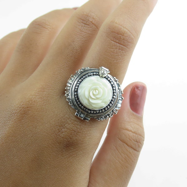 Rose Design, Ox Bone Ring, Poison Ring, Locket Ring, Bali Style