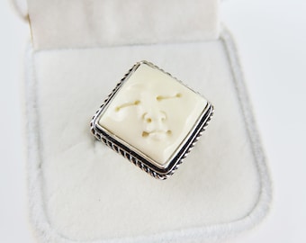 Sterling silver, Carved ox bone , Face ring