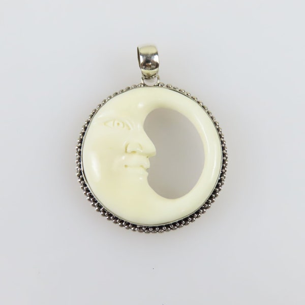 Sterling silver, Carved bone, Half moon face, Bone pendant