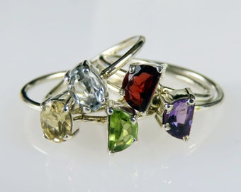 Sterling silver, Mixed gemstone, Stackable rings, 5 rings