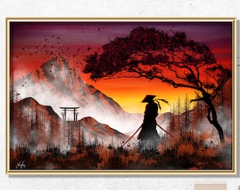 Wall Mural Lonely Samurai - Mountain Landscape, Japanese