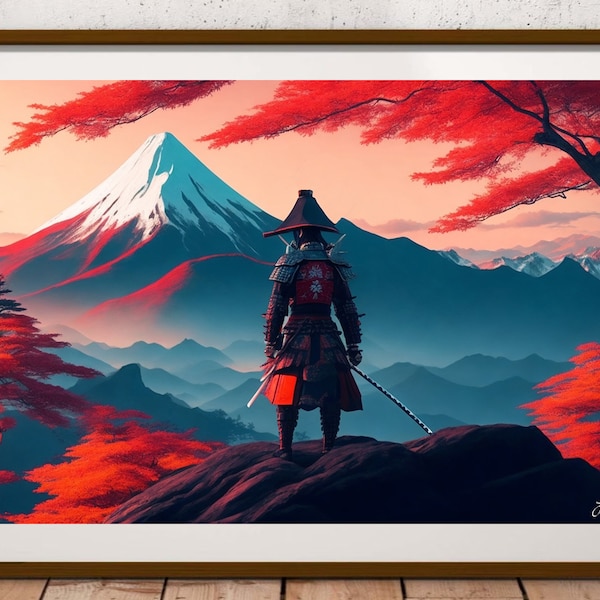 Crimson Peaks: Impresión de póster samurai - Impresión de póster - Impresión de arte paisajístico - Arte de pared samurai japonés - Decoración del hogar de alta calidad