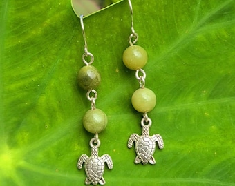 Green Taiwan Jade Earrings| Silver Turtle Earrings| Beachy Earrings| Beachy Gifts| Handmade In Hawaii| Natural Stone| Semi-Precious Gemstone