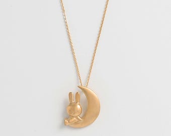 Miffy and the Moon Necklace | 18ct Gold Vermeil Pendant | Handmade UK Gift | Crescent Moon Charm | Recycled Silver Jewellery