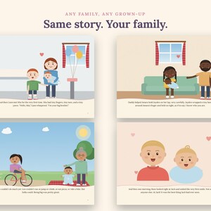 May include: A collection of four illustrated storybook pages featuring diverse families and children. The text at the top reads: ANY FAMILY, ANY GROWN-UP. Same story. Your family. Each page displays colorful cartoon characters in various domestic settings.