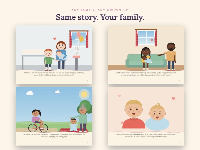 May include: A collection of four illustrated storybook pages featuring diverse families and children. The text at the top reads: ANY FAMILY, ANY GROWN-UP. Same story. Your family. Each page displays colorful cartoon characters in various domestic settings.