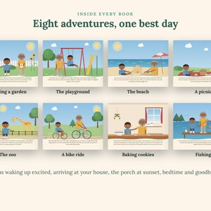 May include: A book page layout titled Inside Every Book Eight adventures, one best day, featuring eight illustrated scenes of a child and grandparent engaging in activities like gardening, playing, beach time, picnicking, zoo visits, biking, baking, and fishing.