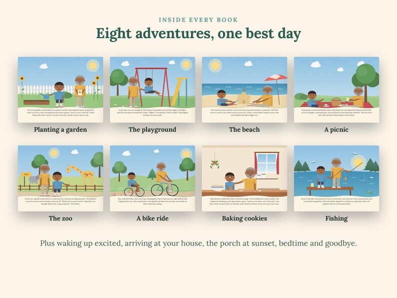May include: A book page layout titled Inside Every Book Eight adventures, one best day, featuring eight illustrated scenes of a child and grandparent engaging in activities like gardening, playing, beach time, picnicking, zoo visits, biking, baking, and fishing.