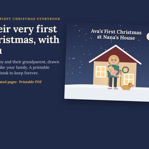 Puede incluir: Un libro de cuentos en PDF imprimible de 24 p&aacute;ginas titulado Baby's First Christmas Storybook. La portada muestra un cielo nocturno azul oscuro con una luna, una casa con techo rojo, una persona sosteniendo a un beb&eacute; y un perro peque&ntilde;o. Texto: Their very first Christmas, with you.