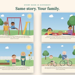 May include: A children's storybook featuring four illustrated scenes with the text "EVERY BOOK IS DIFFERENT" and "Same story. Your family." The pages show diverse characters engaging in outdoor activities like swinging, picnicking, gardening, and cycling.
