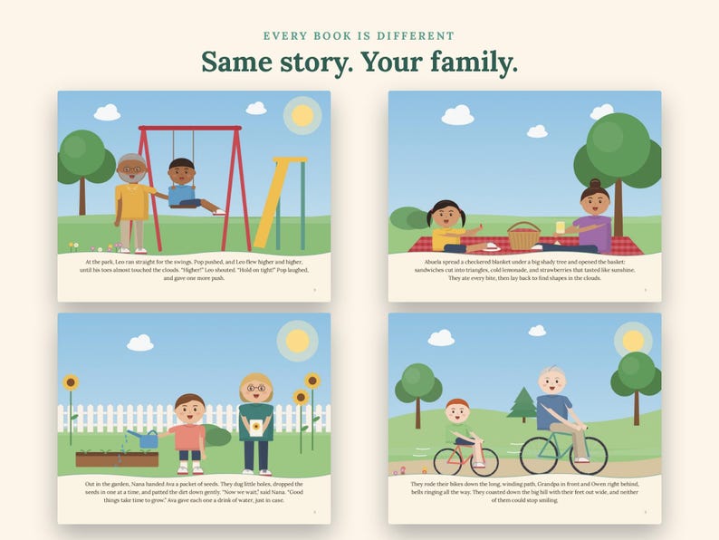 May include: A children's storybook featuring four illustrated scenes with the text "EVERY BOOK IS DIFFERENT" and "Same story. Your family." The pages show diverse characters engaging in outdoor activities like swinging, picnicking, gardening, and cycling.
