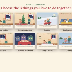 K&ouml;nnte beinhalten: Ein Grafikdruck mit dem Titel Step 4 Activities Choose the 3 things you love to do together, der acht illustrierte Szenen mit zwei Figuren zeigt, die Aktivit&auml;ten wie Backen, Baumschm&uuml;cken, Schlittenfahren, Lesen und Angeln nachgehen.