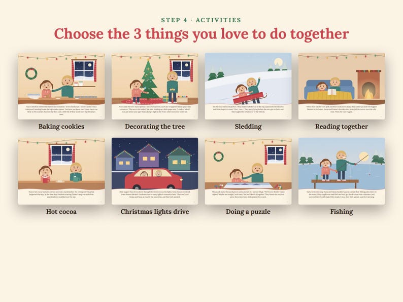 K&ouml;nnte beinhalten: Ein Grafikdruck mit dem Titel Step 4 Activities Choose the 3 things you love to do together, der acht illustrierte Szenen mit zwei Figuren zeigt, die Aktivit&auml;ten wie Backen, Baumschm&uuml;cken, Schlittenfahren, Lesen und Angeln nachgehen.