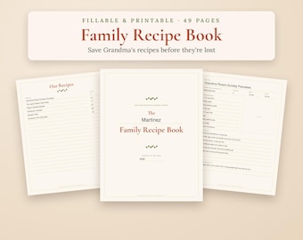 Family Recipe Book Template, Fillable Printable Heirloom Cookbook, Grandma's Recipes Keepsake, Recipe Binder Pages, Christmas Gift