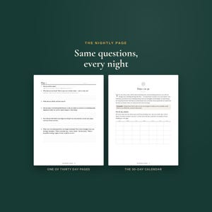 May include: Two white journal pages with black text on a dark green background. The left page is titled Day 1 with lines for daily questions. The right page is titled Days 1 to 30 and includes a 30-day calendar grid for tracking daily habits.